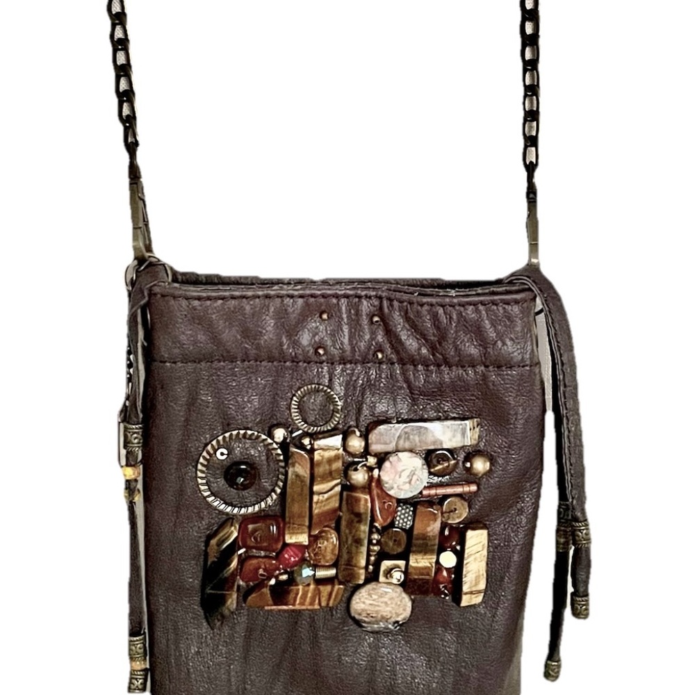 Artisan Handmade Leather Crossbody Bag/cellphone pouch with gemstones